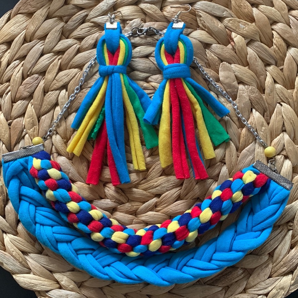 🪩4 for $25 Handmade braided fabric necklace & earrings set Autism Awareness Day